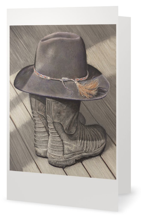 "Smoko Time" Gumboots and hat painting fine art card by artist Karen Neal